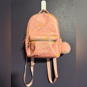 Moon and Stars Pink Celestial Print Backpack with Puff Ball Charm